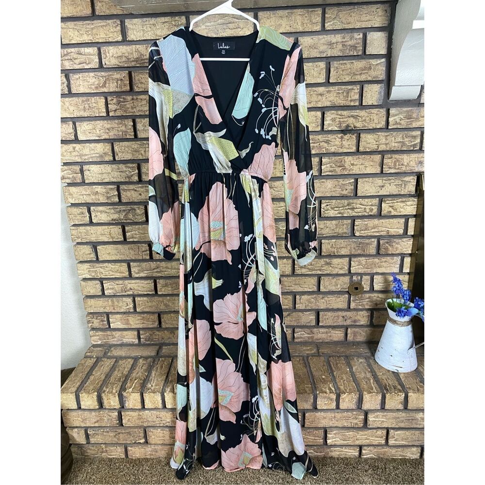 Lulus long floral dress sheer with long sleeves
